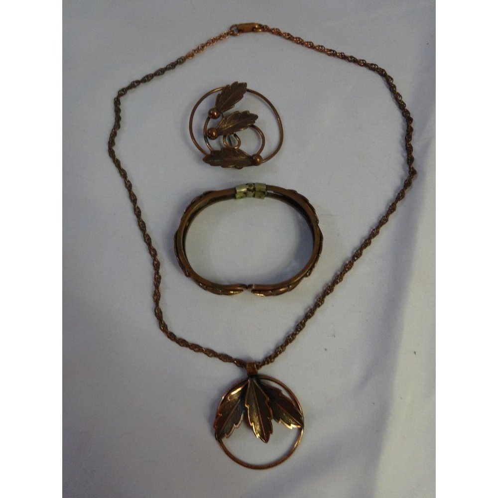 Vtg 30s Craftsman‎ Bell Copper Trading Necklace Bracelet Pin Leaf Design JEWELRY